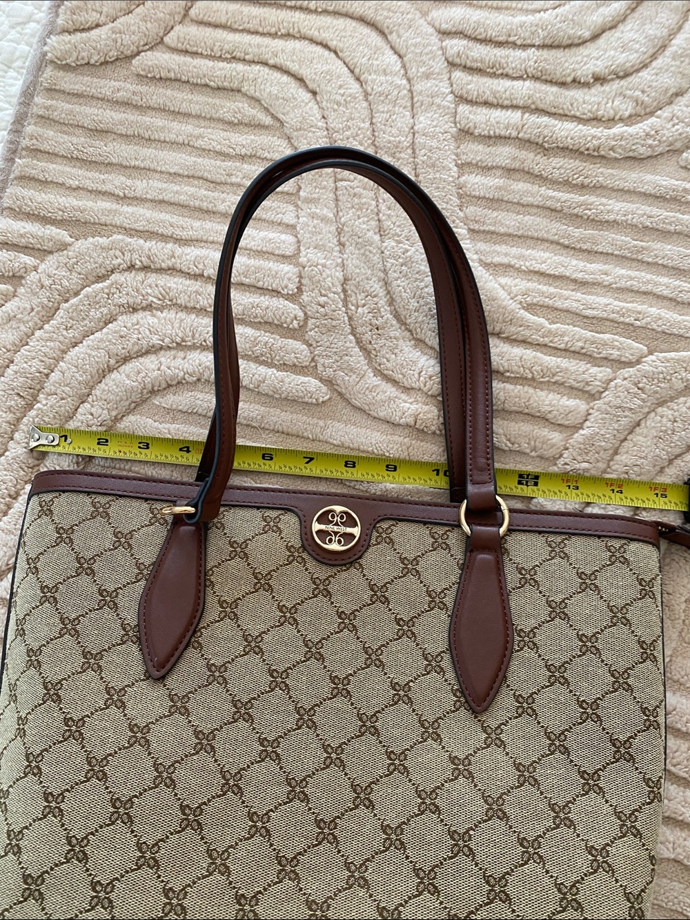 Nine West Brown Monogram-Style Tote with Tan Canvas - Picture 7 of 12